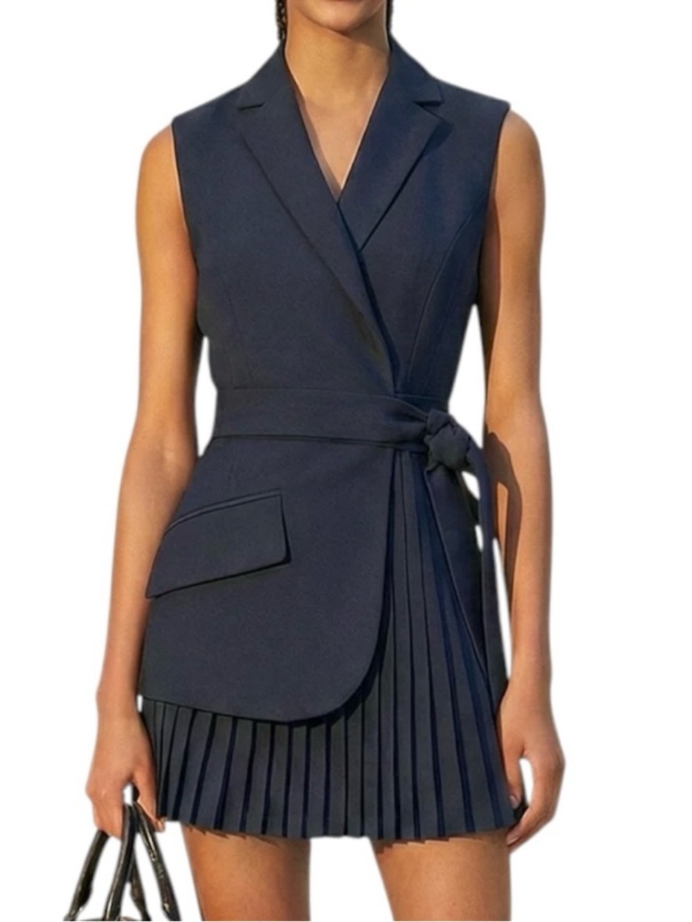 Commense Navy Blazer Pleated Wrap Dress